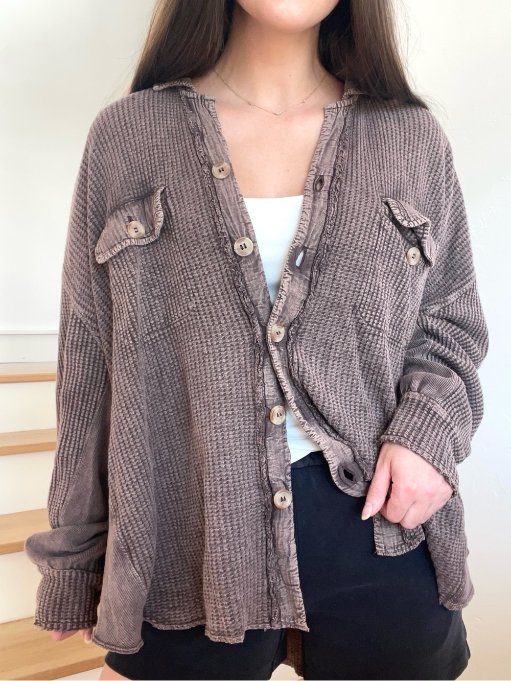 Free People FP One Scout Waffle Knit Thermal Eggplant Grey Purple Jacket Shirt